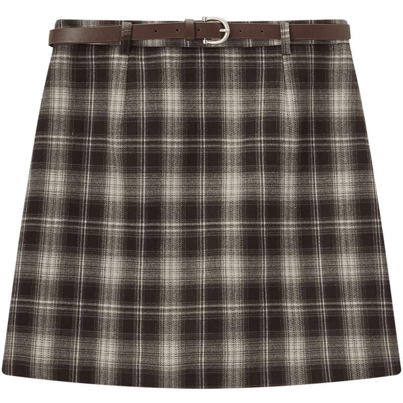 Aijutu Women s Plaid Belted A-line Skirt M