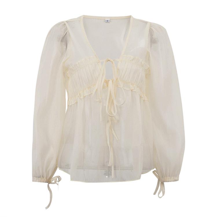 Neues sexy durchsichtiges Sonnenschutz-Design für Damen mit V-Ausschnitt und Schnürung, langärmlig, plissiert, vielseitiges Chiffon-Top