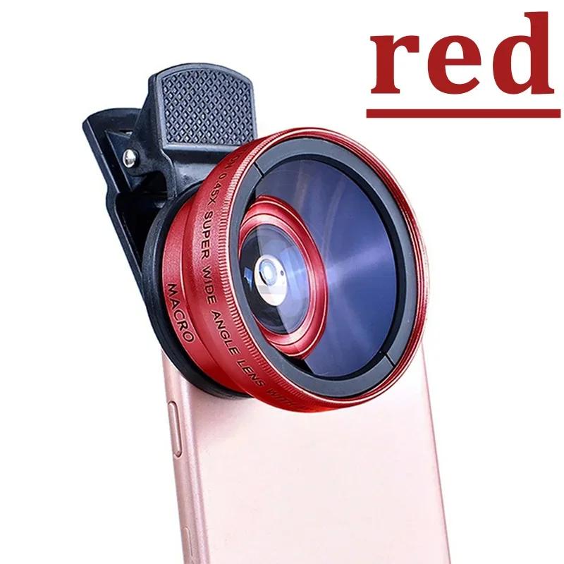

2 In1 Super Wide-Angle 0.45x49uv Universal Clip 37mm Macro HD Lens Professional Magnifying Camera Glass For iPhone Huawei Xiaomi червоний