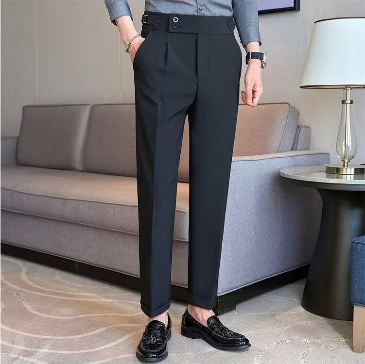 Men's Slim Fit British Business Casual Trousers - Korean Fashion Style, Solid Color, Naples Straight Leg.