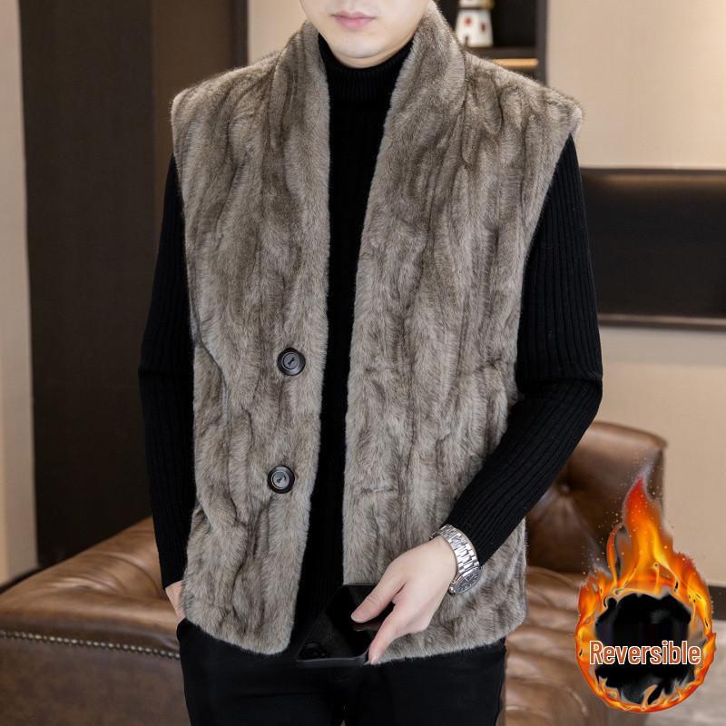 Men's Winter 2025 Faux Leather & Golden Mink Velvet Fur-Integrated Thick Gilet Jacket