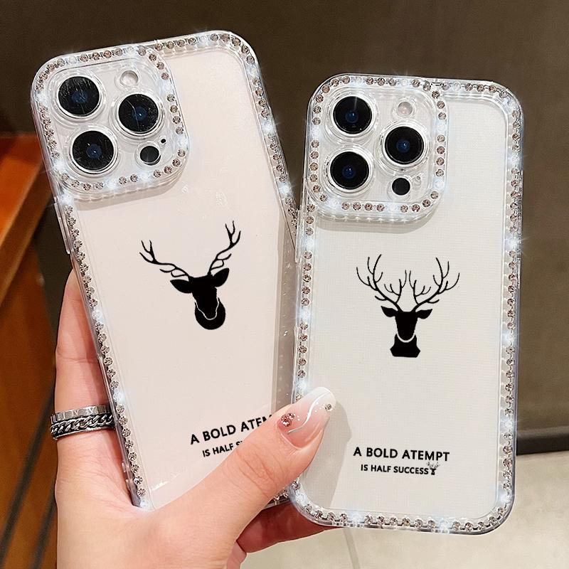 Simple Deer Print Shockproof Soft Silicone Case For iPhone 16E 16 Pro 15 Pro Max 14 13 12 11 Diamond Frame Anti-Fall Clear Phone Cover