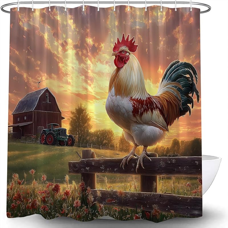 Rustic Chicken Shower Curtain Farmhouse Rooster Retro Wooden Fence Sunset Sunrise Wood Barn House Vintage Country Farm Animal Fabric Curtain with