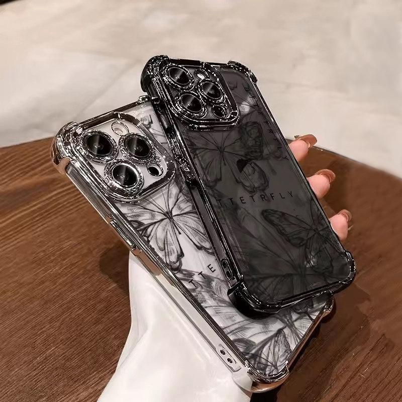 Black Beautiful Butterfly Plating Phone Case For iPhone 16 15 14 13 12 11 Pro Max X XR XSMax 7 8 Plus Anti-Fall Airabag Back