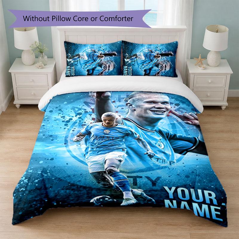 Erling Haaland Custom Name Text Bedding Set 1 Duvet Cover+2 Pillowcases Soccer Logo Personalized Gift For Special Occasion Bedroom Decor