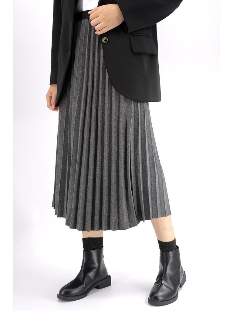 2023 New Wool Blend A-Line Midi Skirt: Pleated, Solid Color, Slimming, Great Drape for Autumn & Winter