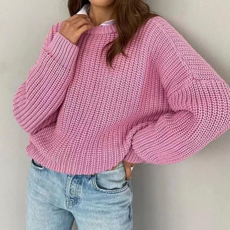 Jesienny Luźny Sweter Dzianinowy Pulower Casual dla Kobiet Moda Nowy Długi Rękaw Okrągły Dekolt Zimowe Swetry Kobiety Elegancki Gładki Ciepły Dzianinowy Sweter 25722