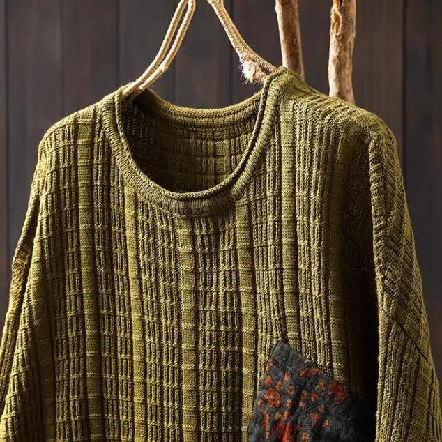 Patch Cotton Knit Sweater Women's Loose Lazy Large Size Meat-covering Spring and Autumn Retro Casual Round Neck Long-sleeved Top
