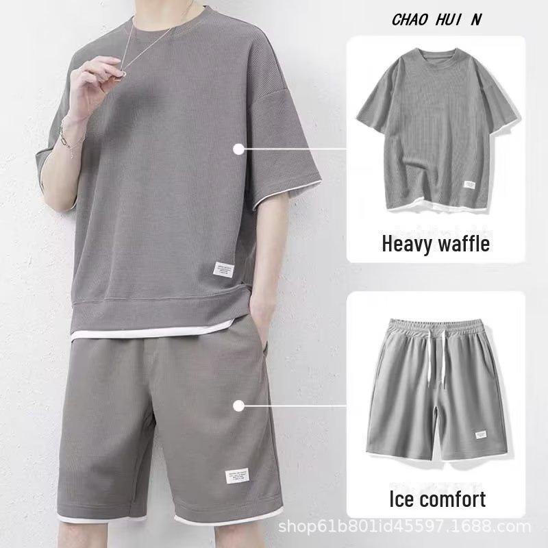 

Мужской быстросохнущий вафельный комплект из футболки и шорт 5XL (175-190 jin) светло-серый