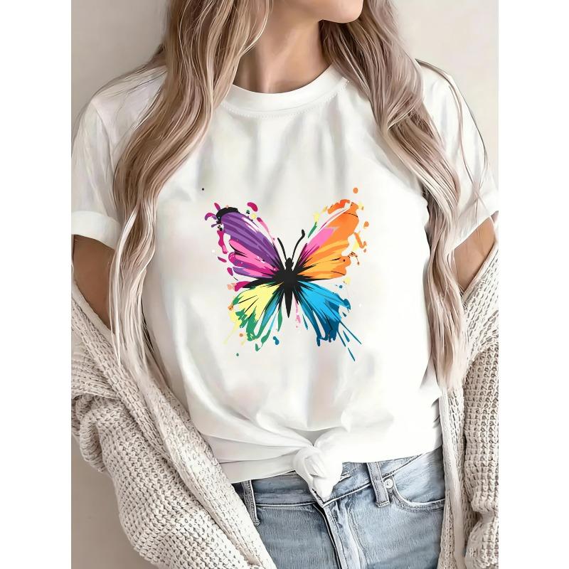 White T-Shirt With Colorful Butterfly Print For Casual Wear