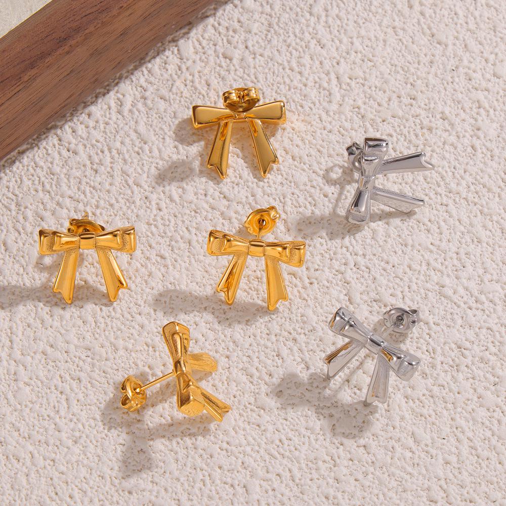

European & American Bow Titanium Steel 18k Gold Plated Stud Earrings - Simple Fashion Scent Style
