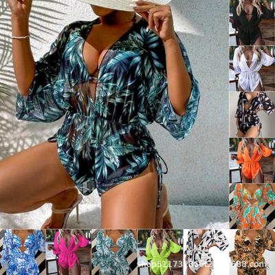 Bikini Three-piece Set Waist Strap Leaf Print Beach Conservative Swimsuit Sports Tight Fit