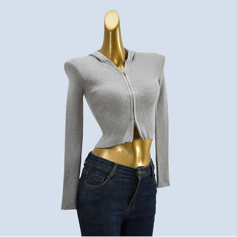 Export Yuan Single and Double Zipper Short Slim-Fit Knitted Cardigan Sweater Women's Spring and Autumn Stylish Trendy Long Sleeve Top