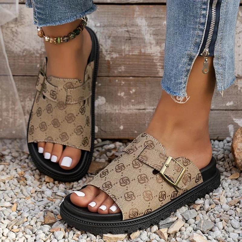 Fashion Women's Summer Embroidered Flat Sandals Fashion Buckle Strap Platform Slippers Woman Comfort Non Slip Beach Shoes Outdoor Slides