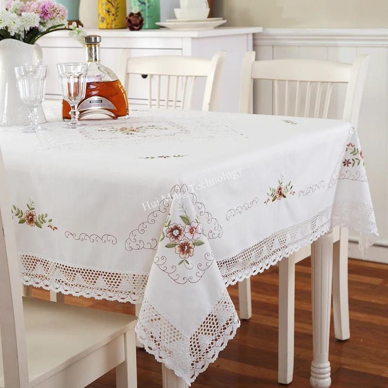 Nappe Coton Blanc Fil Europe Brodé Jupe de Table Couverture Table à Manger Dentelle Fleurie Pastoral Couverture Serviette Table Basse