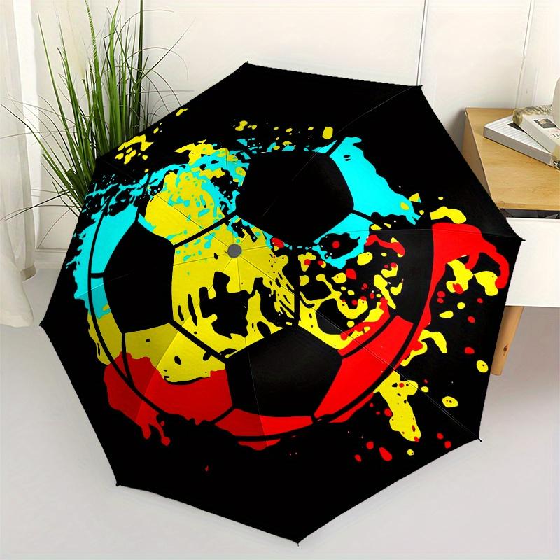 Soccer Ball, Splash Art Automatic Folding Umbrella 8 Ribs, Durable Iron Frame, Bright Color Pattern Compact Travel Umbrella, Suitable for O