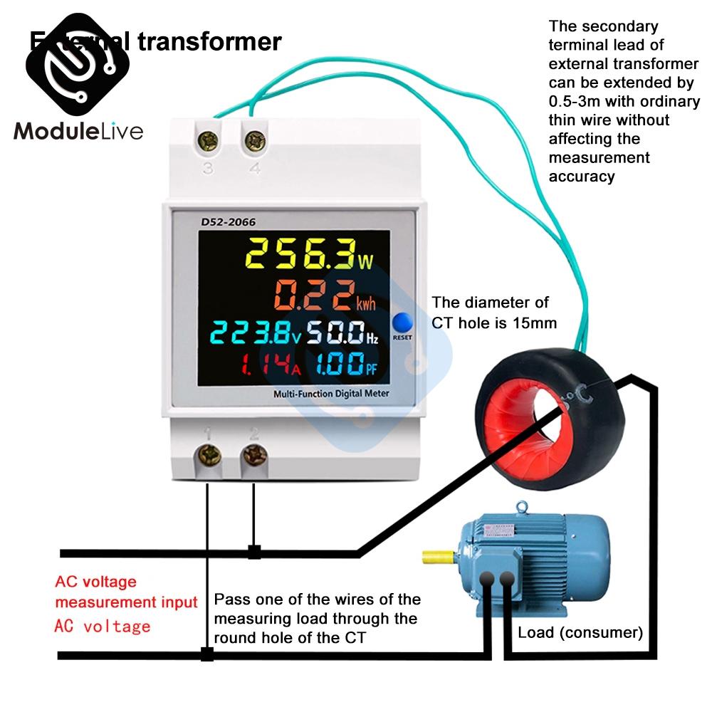 

D52-2066 Din Rail AC Monitor 6IN1 110V 220V 380V 100A Voltage Current Power Factor Active KWH Electric Energy Frequency Meter AC40-300V