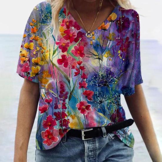 

Футболка с цветочным принтом и коротким рукавом, женская свободная блузка с V-образным вырезом