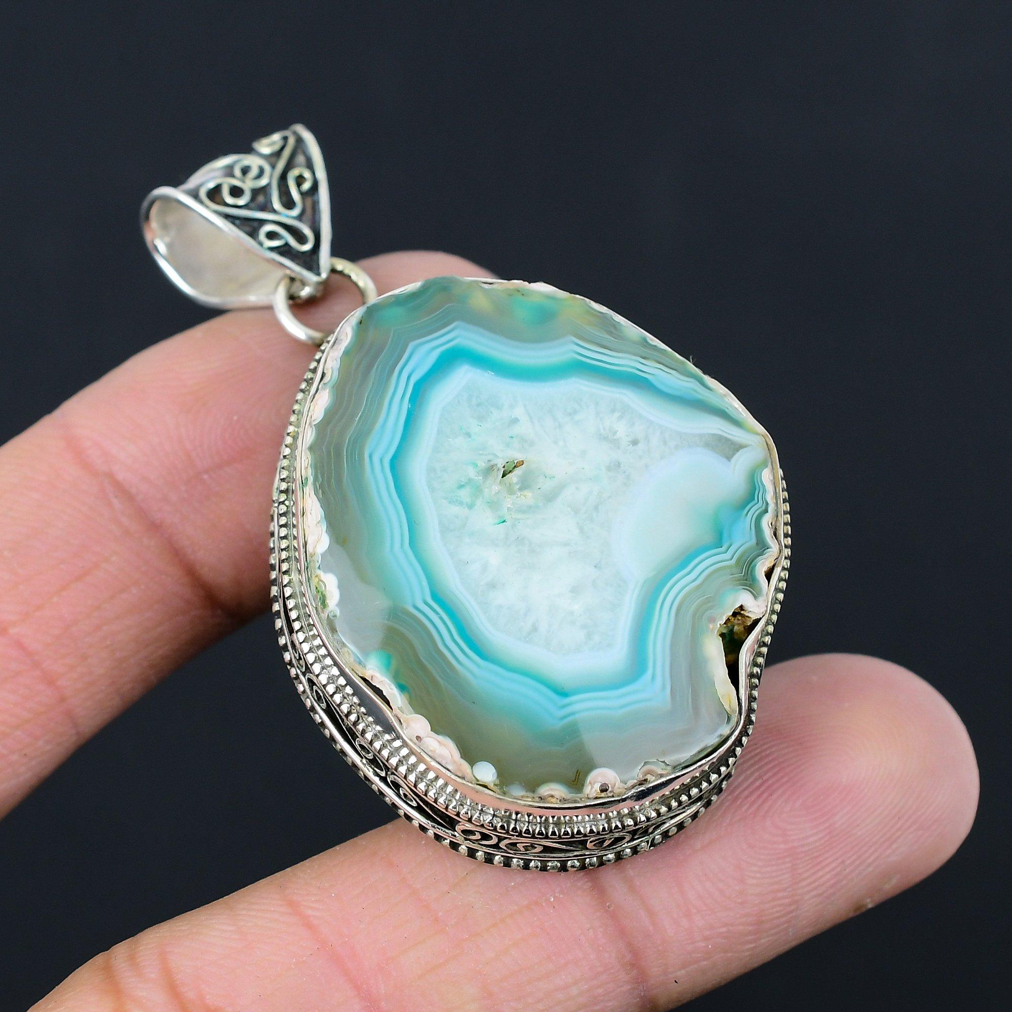 Womens day Deal Natural Blue Botswana Druzy 925 Silver Wedding Pendant Jewelry