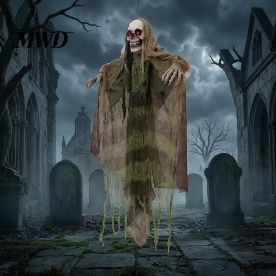 Halloween Hanging Ghost Decorations Animatronics Decoration, Sound Activated Grim Reaper Prop with LED Secret Room Props Glowing Eyes And Creepy