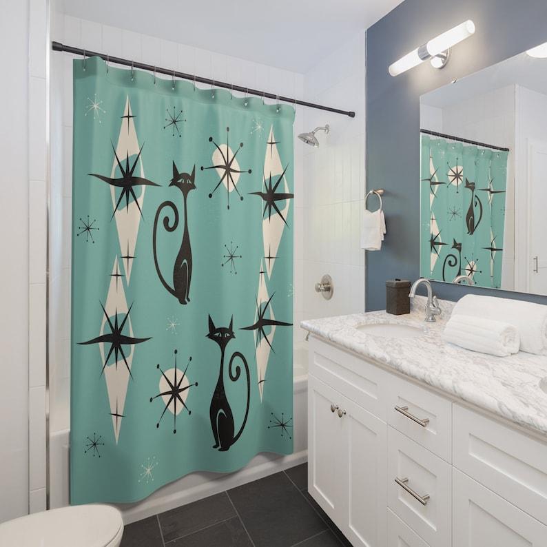Atomic Cat Mid-Century Modern Shower Curtain – Retro Aesthetic Bathroom Decor, MCM Cat Lover Gift W90xH180cm