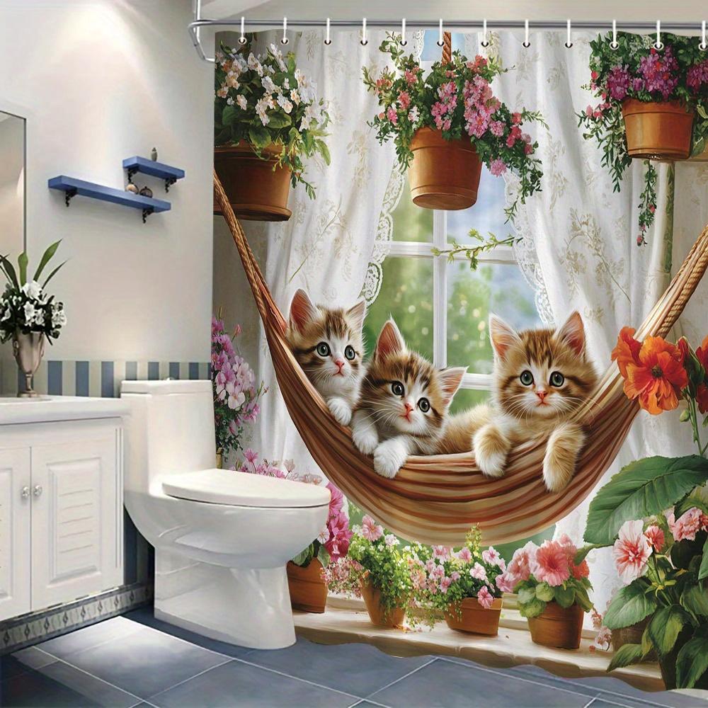 "Adorable Kittens In Hammock Waterproof Shower Curtain, Cute Animal Design For Kids Bathroom Decor"