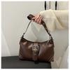 Retro Distressed Faux Leather Shoulder Bag for Women, Biker Style Rivet Pin Closure Clutch, Trendy Baguette Crossbody Handbag CLE