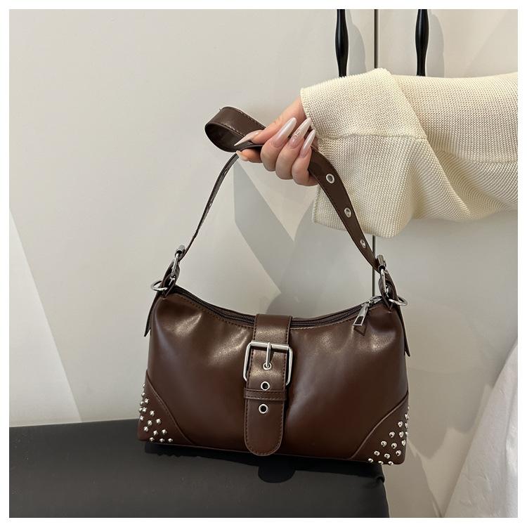 Retro Distressed Faux Leather Shoulder Bag for Women, Biker Style Rivet Pin Closure Clutch, Trendy Baguette Crossbody Handbag CLE