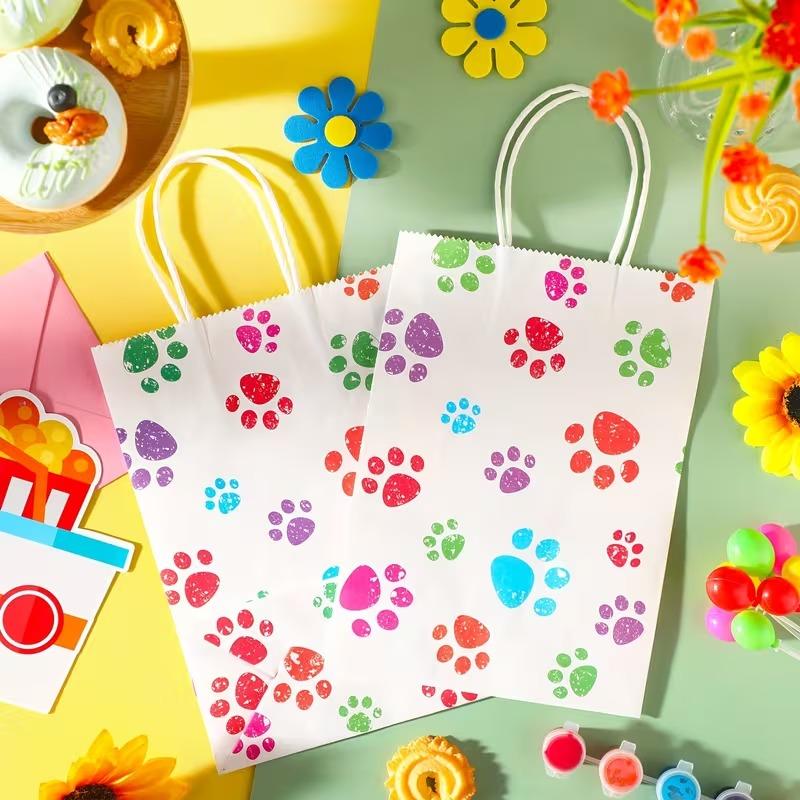Animal PawPrint Theme Gift Bags Kraft PaperShopping Bags with HandlesParty Favor Bags for Birthday Wedding Valentine’s Day Decor