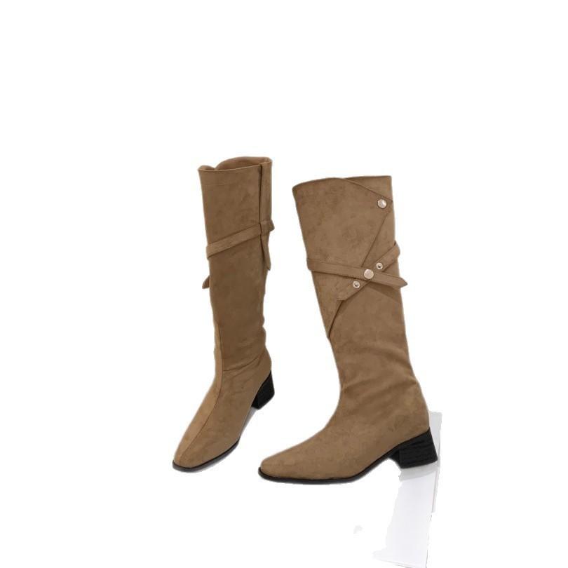 Korean Version of Retro Square Head Thick Heel Tall Knight Boots Women's 2025 Autumn and Winter New Stacking Boots Look Thin But Knee Boots