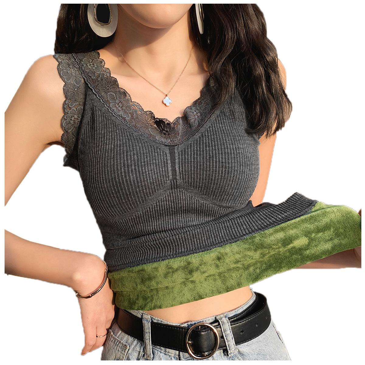 

Осенне-зимний бесшовный сексуальный кружевной флисовый жилет с v-образным вырезом, женское термобелье с грудью XXL темно-серого