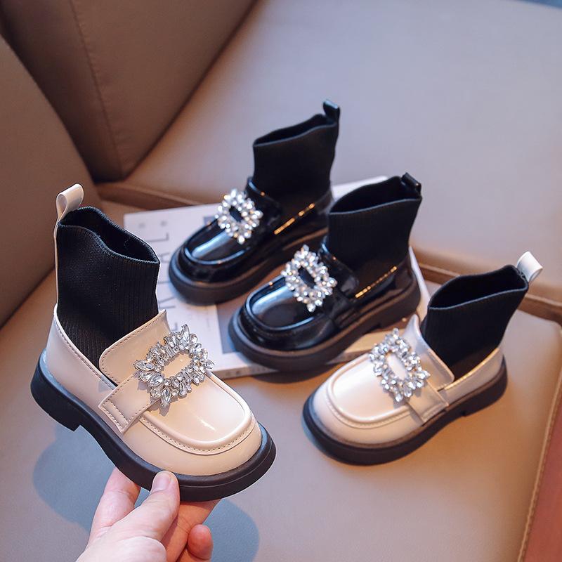Rhinestone Girls Sock Shoes Children's Leather Boots Autumn Winter Baby Fashion Anti-Slippery Rubber Sole Footwear