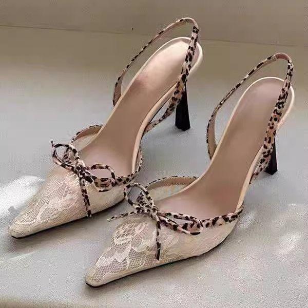 Summer Feeling Embroidered Lace Bow High Heels Thin Heel Small Pointed Head Sexy Royal Sister Net Red Bag Head Sandals