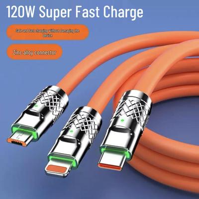 Jiike 120W Triple Connector Aluminum Charging Cable for Huawei, Apple, and Android - Fast Charging and Data Transfer.