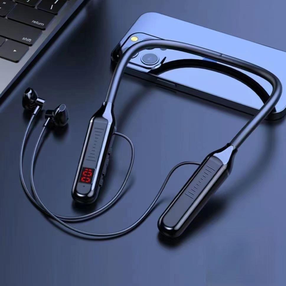 Bluetooth 5.0 Neckband Earphones with Digital Display, Dual Earbuds, Neck-hanging Design, 500mAh Battery for Ultra-long Life