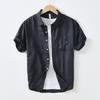 L990 Men's Minimalist Cotton Linen Square Neck Short Sleeve Shirt, Solid Color