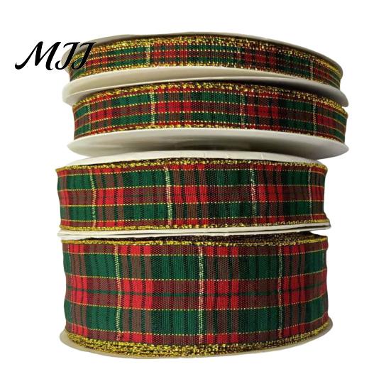 Wired Edge Ribbon for Holiday Decor Christmas Tartan Plaid with Gold Trim, Woven Fabric Ribbon, Vintage Red Crafts Green Gift Wrapping, Floral Decor,