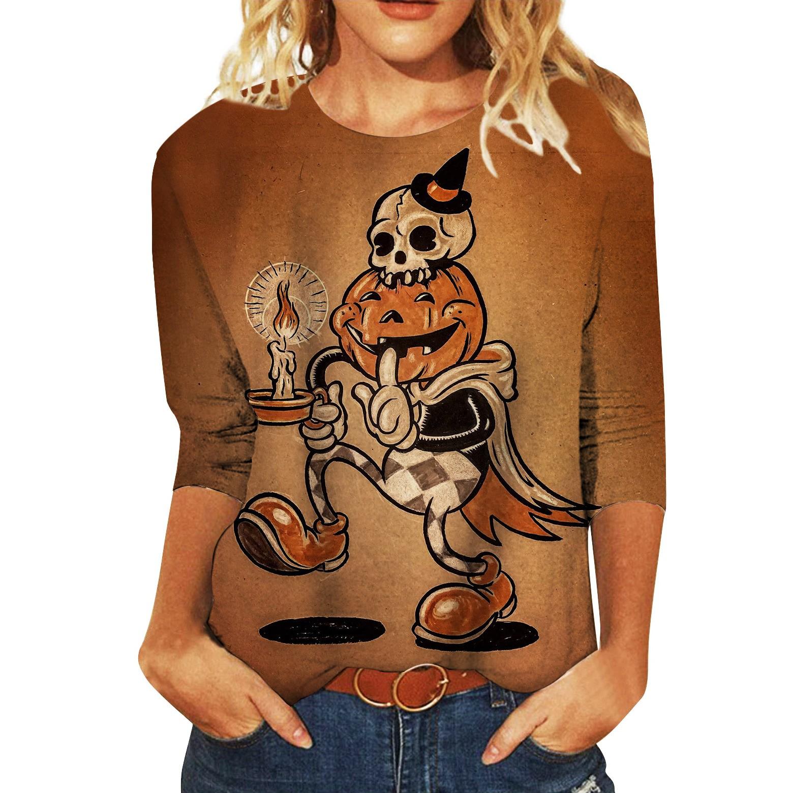 

(SU)Женские рубашки с рукавами 3/4 и круглым вырезом на Хэллоуин с графическим принтом, повседневные свободные рабочие туники, топы