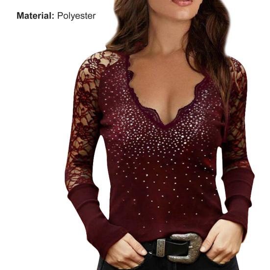 Slim Fit Long Sleeve Women Blouse Low Cut Lace Sleeve V-neck Hot Drilling Blouse Streetwear
