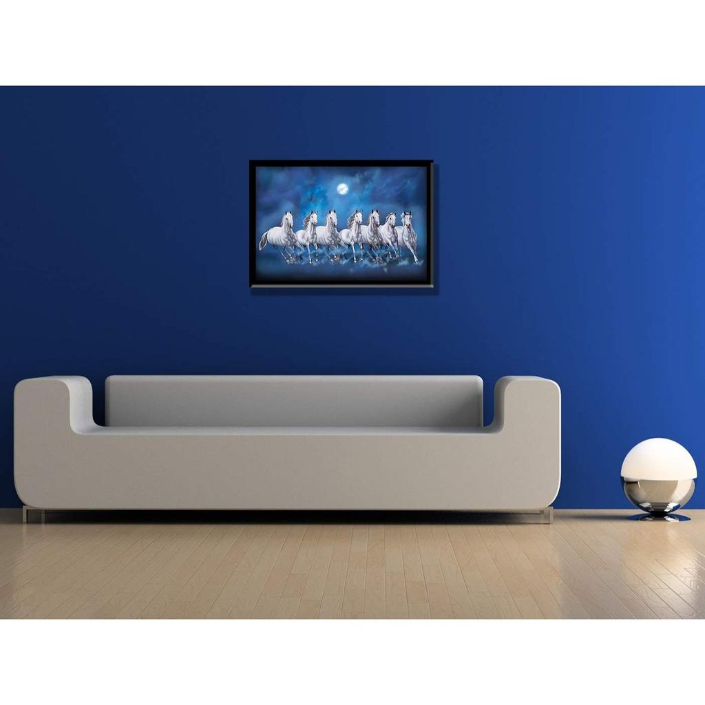 Sieben glückliche laufende Vastu-Pferde, gerahmtes Gemälde - (Ozeanblau, 12 Zoll x 18 Zoll)