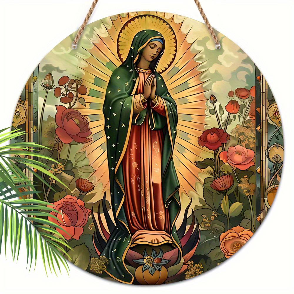 

1 шт. 2D Плоская деревянная табличка с изображением Девы Марии и венка из роз - 20 см Классический религиозный декор для дома, патио, гаража, бара, кафе - Универсальный 7,87x7,87 Подвесной 20cm*20cm