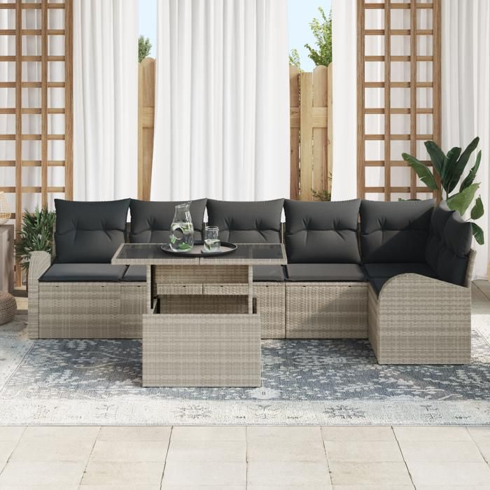 Ensemble de canapé de jardin 7 pièces avec coussins rotin poly gris clair, Canapé de jardin 2 places avec rangement 3357395