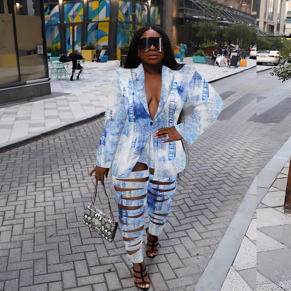 European & American Slim Fit Sexy Print Cardigan Two-Piece Nightclub Set