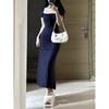 2025 new women's square neck dress women's summer slim-fitting waist little mother wind hip fish tail dress