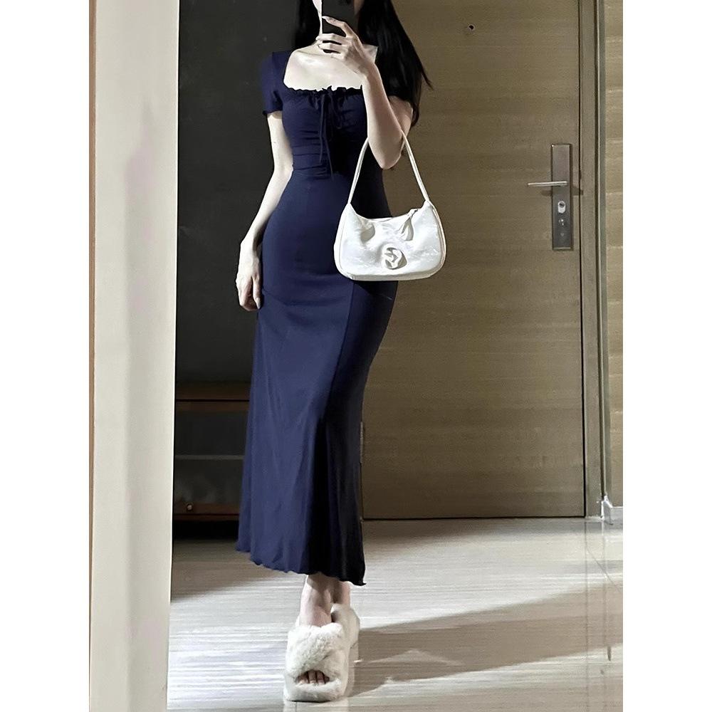 2025 new women's square neck dress women's summer slim-fitting waist little mother wind hip fish tail dress