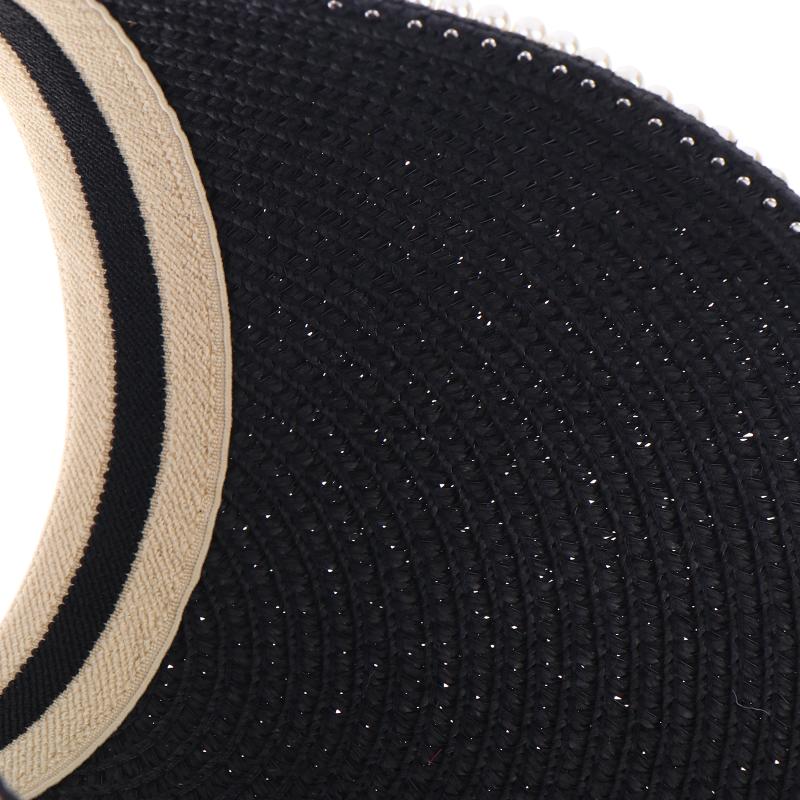 Imitation Pearl Empty Top Straw Hats For Women Casual Summer Beach Visor Caps Foldable Wide Large Brim Sun Uv Protection Caps