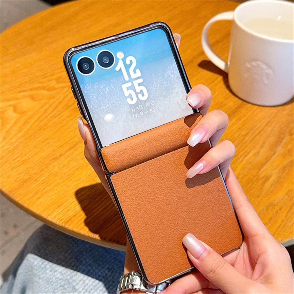 Solid Color Phone Case For Samsung Galaxy Z Flip 7 5G Leather PC Hard Shell Hinge Protective Flip7 Back Cover