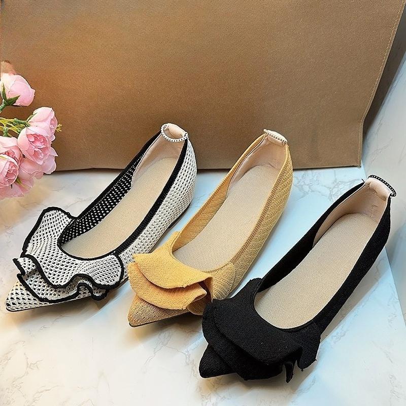 Comfortable Pointed-Toe Knit Brand Low-Heel Pumps for Women Fashion Pleated Design Flats Elegant Commuter Soft-Sole Office Shoes