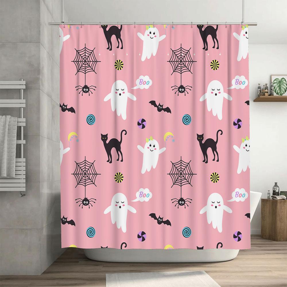 Haunted House Shower Curtain Halloween Decor Pink Ghosts Spiders Black Cats Pattern Home Decoration For Bathrooms 72X72 Inches S