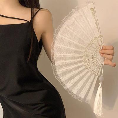 Vintage Lace Folding Fan with Tassel Portable Summer Lolita Black White Hand Held Fan Dance Performance Photo Props Party Costume Accessories Gift